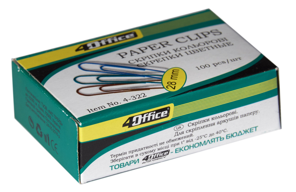 Paper clips "4OFFICE" /4-322/ 28mm (100pcs) Colored (10/250)