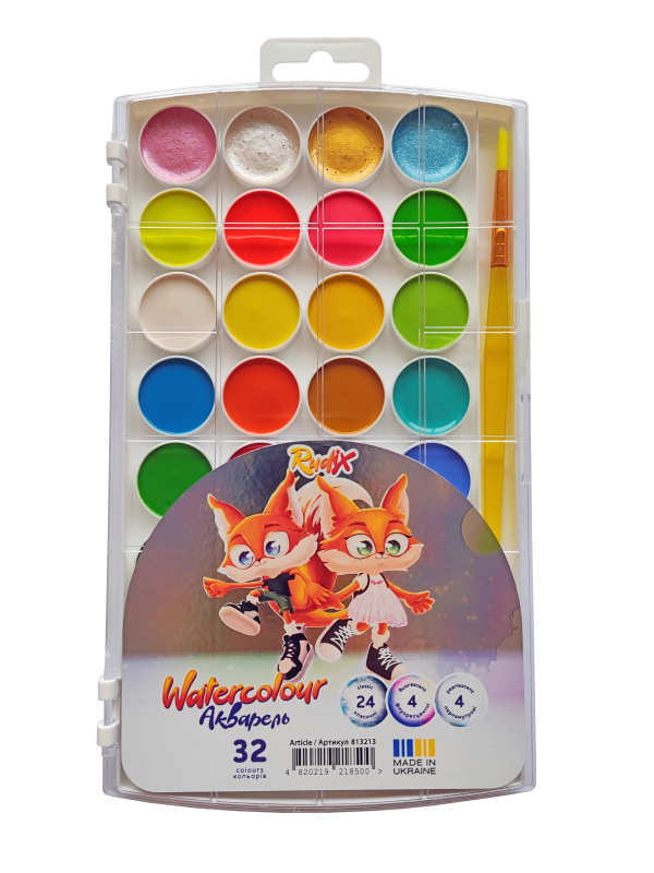 Watercolor "RUDIX" PLAST 24+4+4 col. /813213/ z/n colors: mother-of-pearl, fluorescent. (1/5)