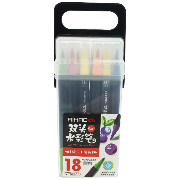 Felt-tip pens "AIHAO" 18 pcs. /AH-CP-600-18/ DOUBLE-SIDED, brush soft / hard (1/20/80)