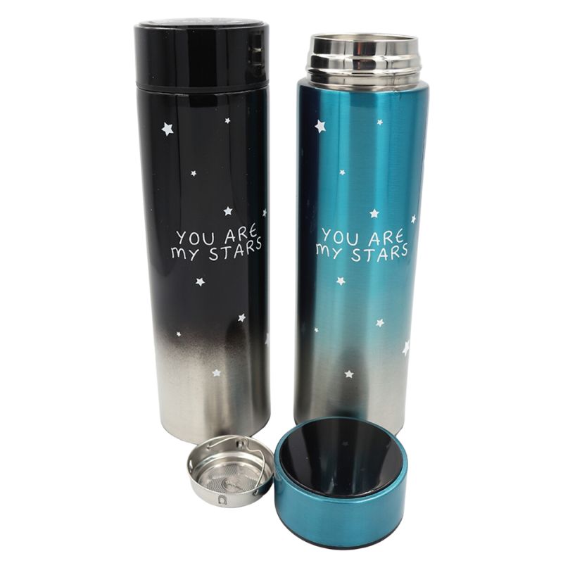 Thermos water bottle "JO" /BWW35/ "Stars" with thermometer and mesh 500ml, double wall, LED, mix