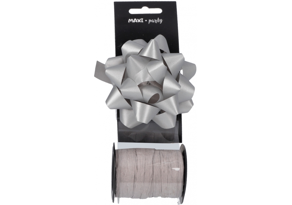 Ribbon and bow for gift wrapping "Maxi" /NP06-MSZC-Silver/ silver, bow d:8.89cm, ribbon 8m (1/24/144)