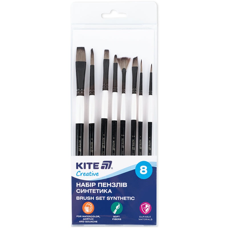 Set of brushes "Kite" /K-331/ 8 pcs. synthetics: 6,1,1 round, 2/0 fan, 1/4 fancy, 12,6,4 flat "Creative" (1/12/72)