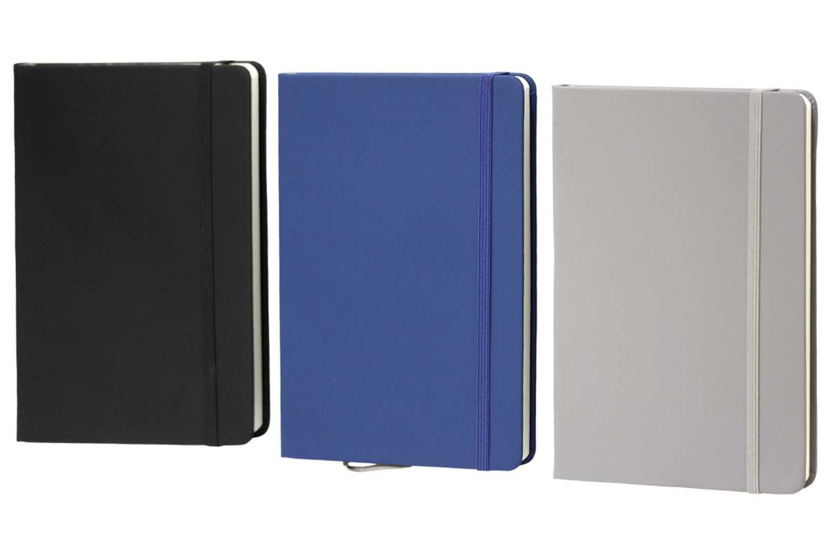 Notebook A5/100 sheets. "WB" /160-25/ on rubber band, PU cover, gray, black, blue