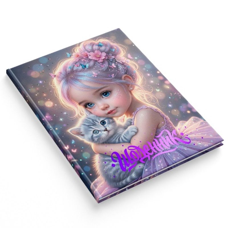 School diary "Soft Touch" TV broadcast. /1B3549/ selected UV varnish, embossing "Girl with a kitten (1/20)