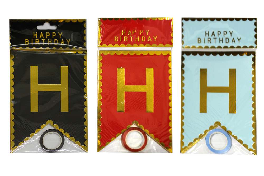 Garland-stretch flag "WB" /10263/ HAPPY BIRTHDAY with gold and outline 16.5*11.5cm