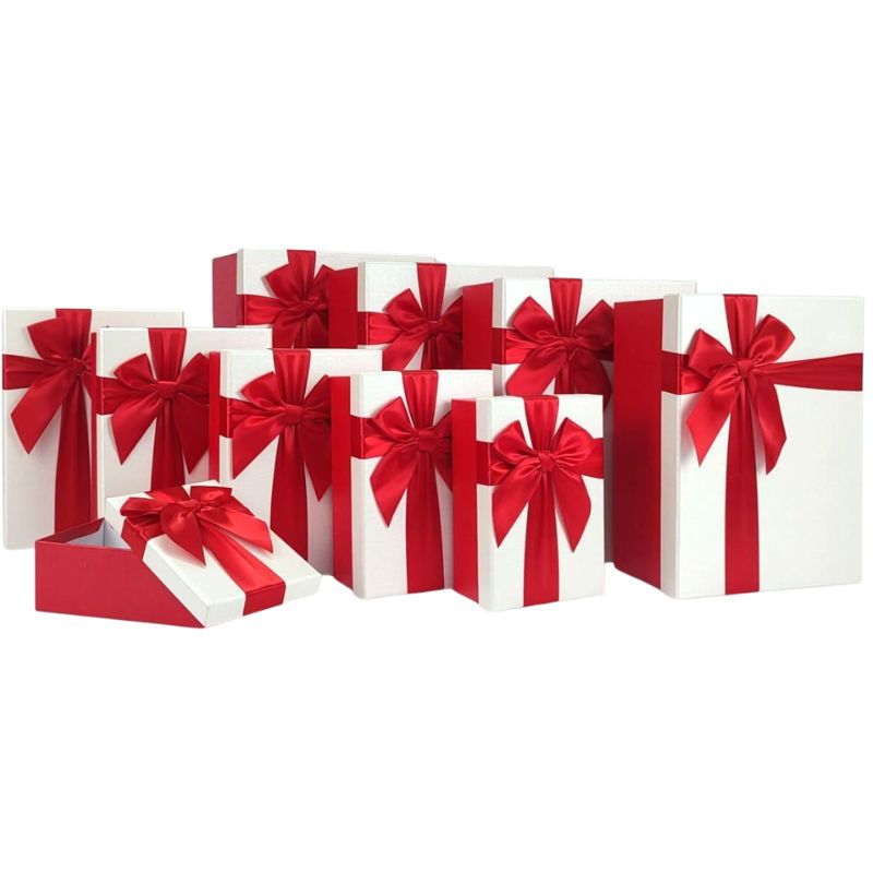 Gift box /271273/ Red bow, rectangular 10 pcs/pack, 34x26.5x11-15.5x10x5cm
