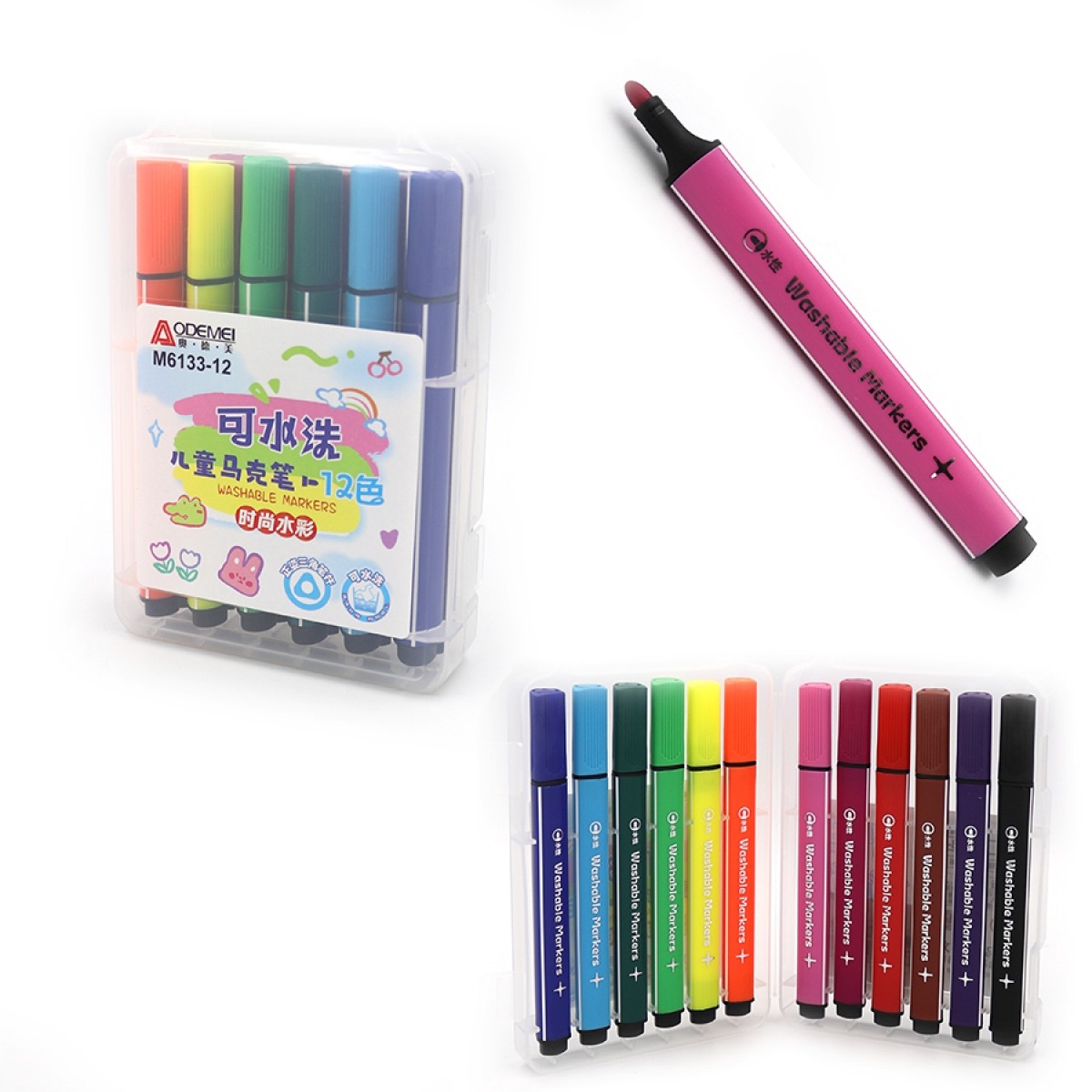 Felt-tip pens 12 pcs. "AODEMEI" /M6133-12/ washable, plastic box (1/24/144)