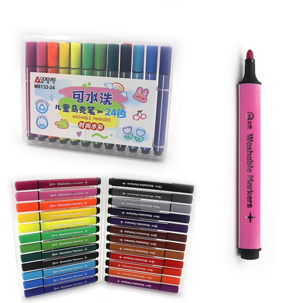 Felt-tip pens 24 pcs. "AODEMEI" /M6133-24/ washable, plastic box (1/12/72)