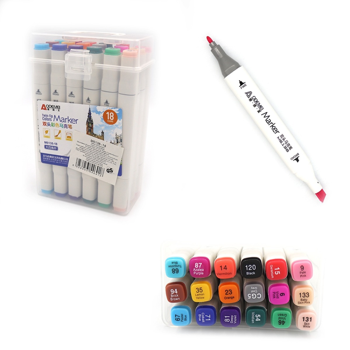 Sketch Marker double-sided "AODEMEI" /M6138-18/ 18 col. square body, alcohol base, PP BOX (1/2/60)