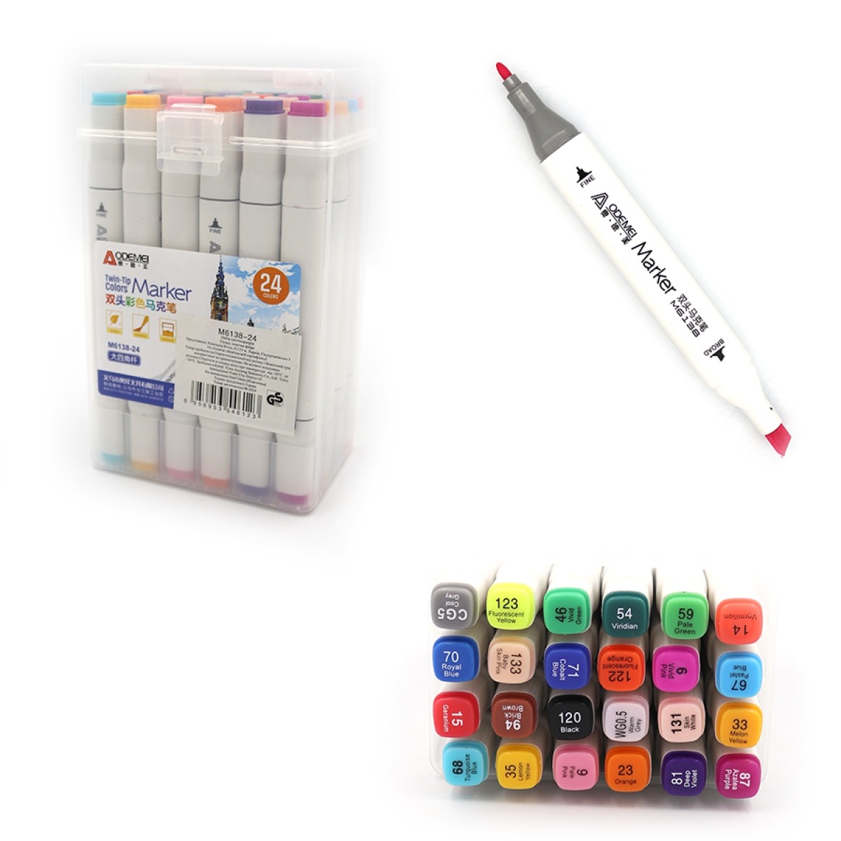 Sketch Marker double-sided "AODEMEI" /M6138-24/ 24 col. square body, alcohol base, PP BOX (1/40)
