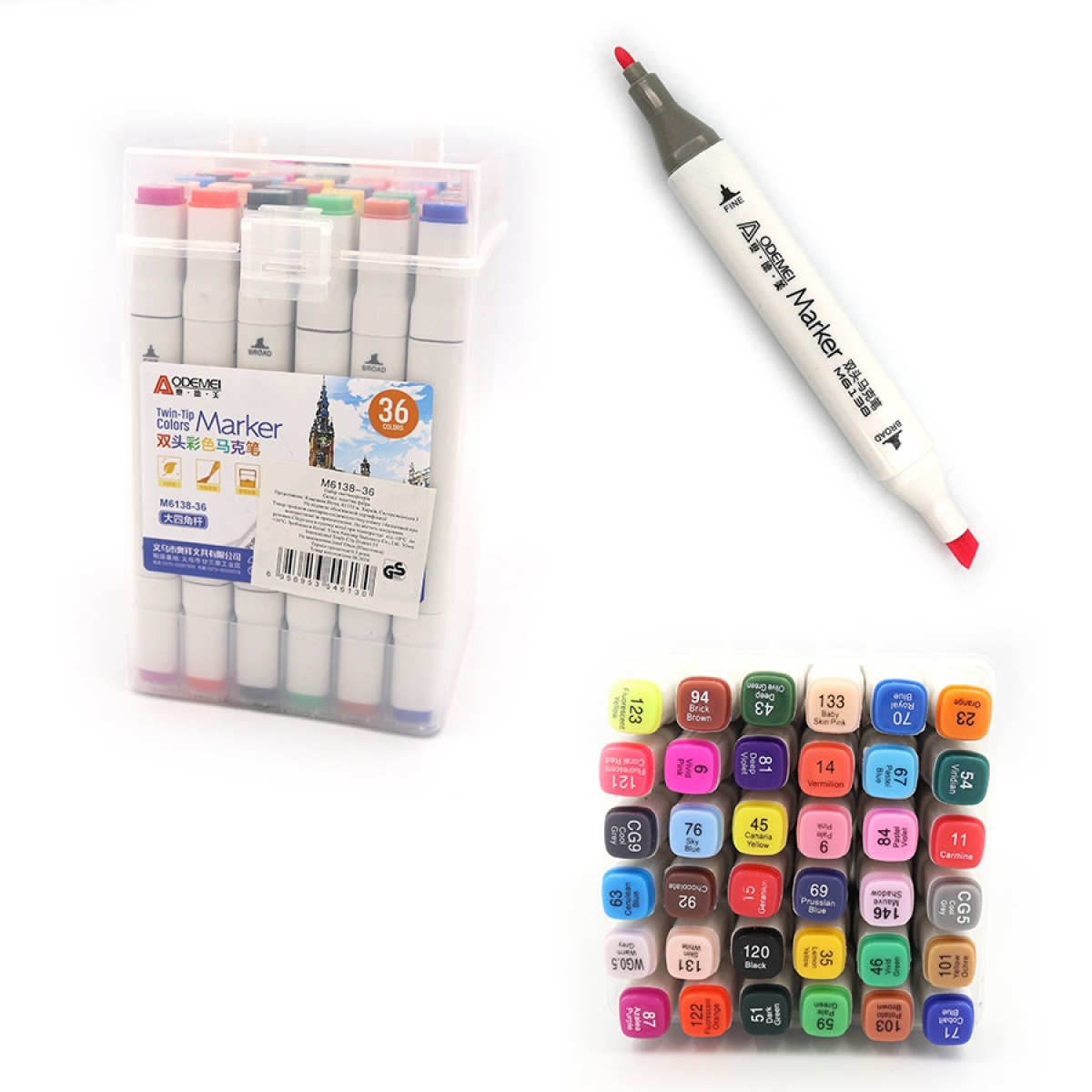 Sketch Marker double-sided "AODEMEI" /M6138-36/ 36 pcs. square body, alcohol base, PP BOX (1/30)
