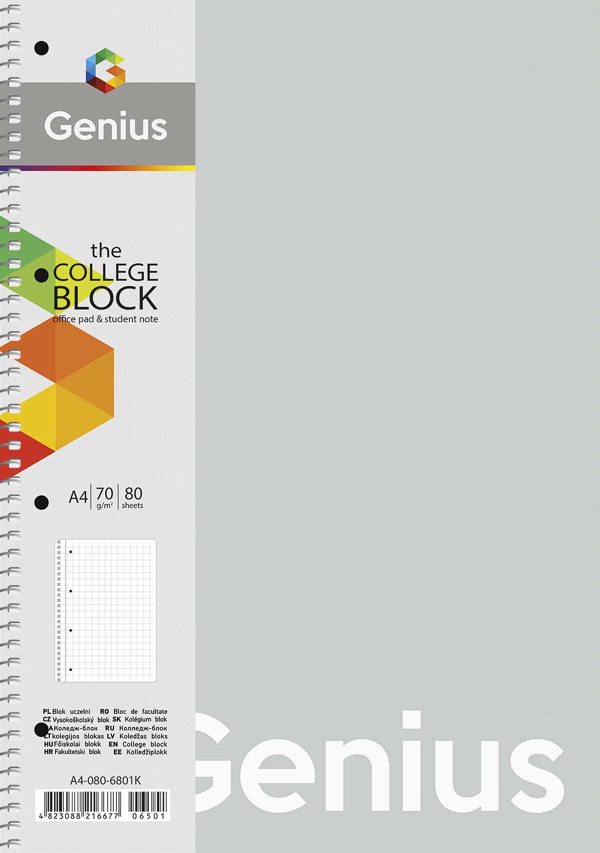 Notebook A4/80 sheets. "Genius" spiral /A4-080-6801L/ == plastic 0.5 mm, 70 g/m2, rounded corners (4/40)