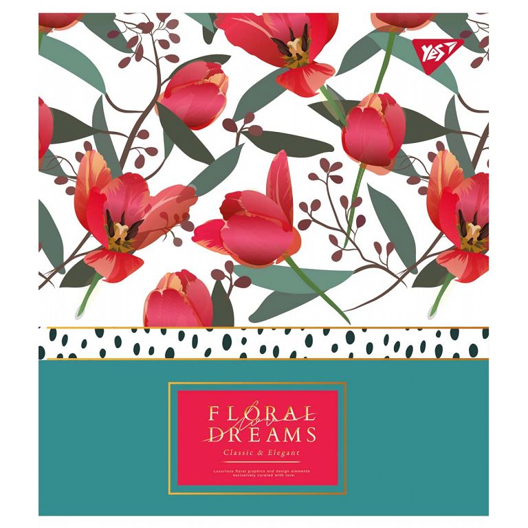 Student's notebook "YES" 48 sheets == /765290/ "Floral dreams" gold foil+soft-touch+UV selection. (5/100)