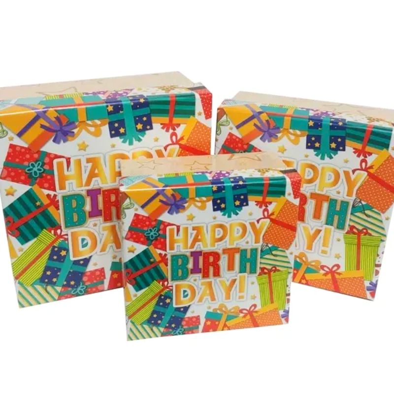 Gift box /271057/ square "Happy birthday 2" 3 pcs/pack, 20x20x9.5-15.5*15.5*7.5 cm