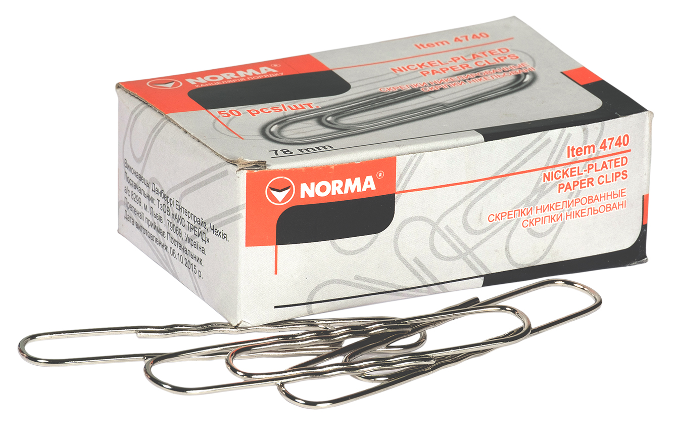 Скріпки "NORMA" /4740/ 78мм (50шт) прямі, з хвилею (10/100)