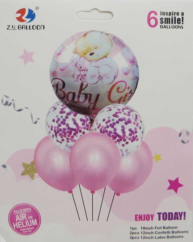 Набір повітряних кульок /1212-11-P/ "Baby-girl" 6шт.(1шт.-45см, 5шт.-30см) рожевий