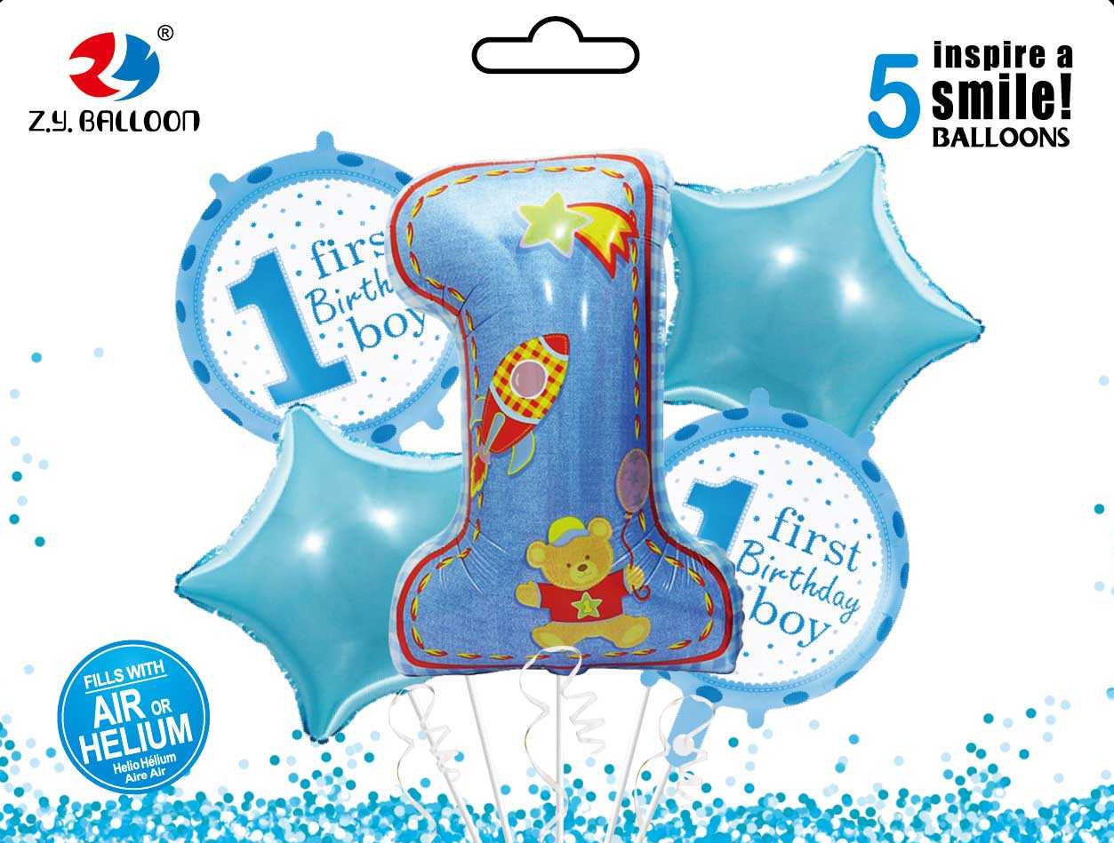 Набір повітряних кульок /1212-33/ фольговані "First birthday-Boy" 5шт.=1шт*80см+4шт*45см