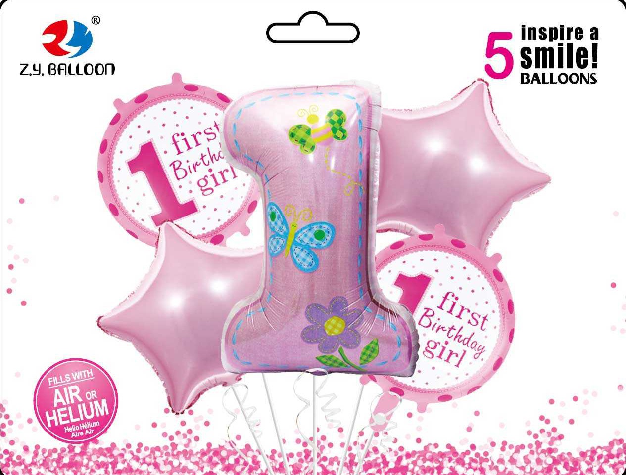 Набір повітряних кульок /1212-34/ фольговані "First birthday-Girl" 5шт. = 1шт * 80см + 4шт * 45см
