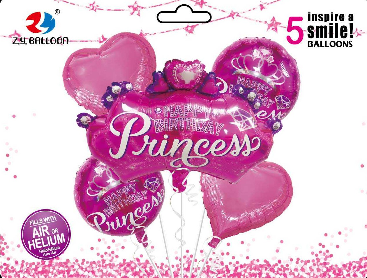 Набір повітряних кульок /1212-31/ фольговані "Happy birthday-Princess" 5шт.=1шт*70см+4шт*45см