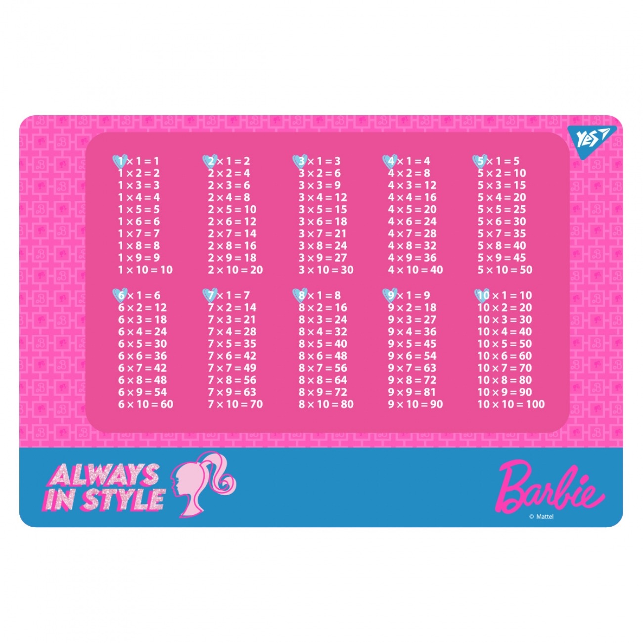 Підкладка настільна 29*42см "YES" /492257/ "Barbie" рожева (таблиця множення)  (1/10/200)