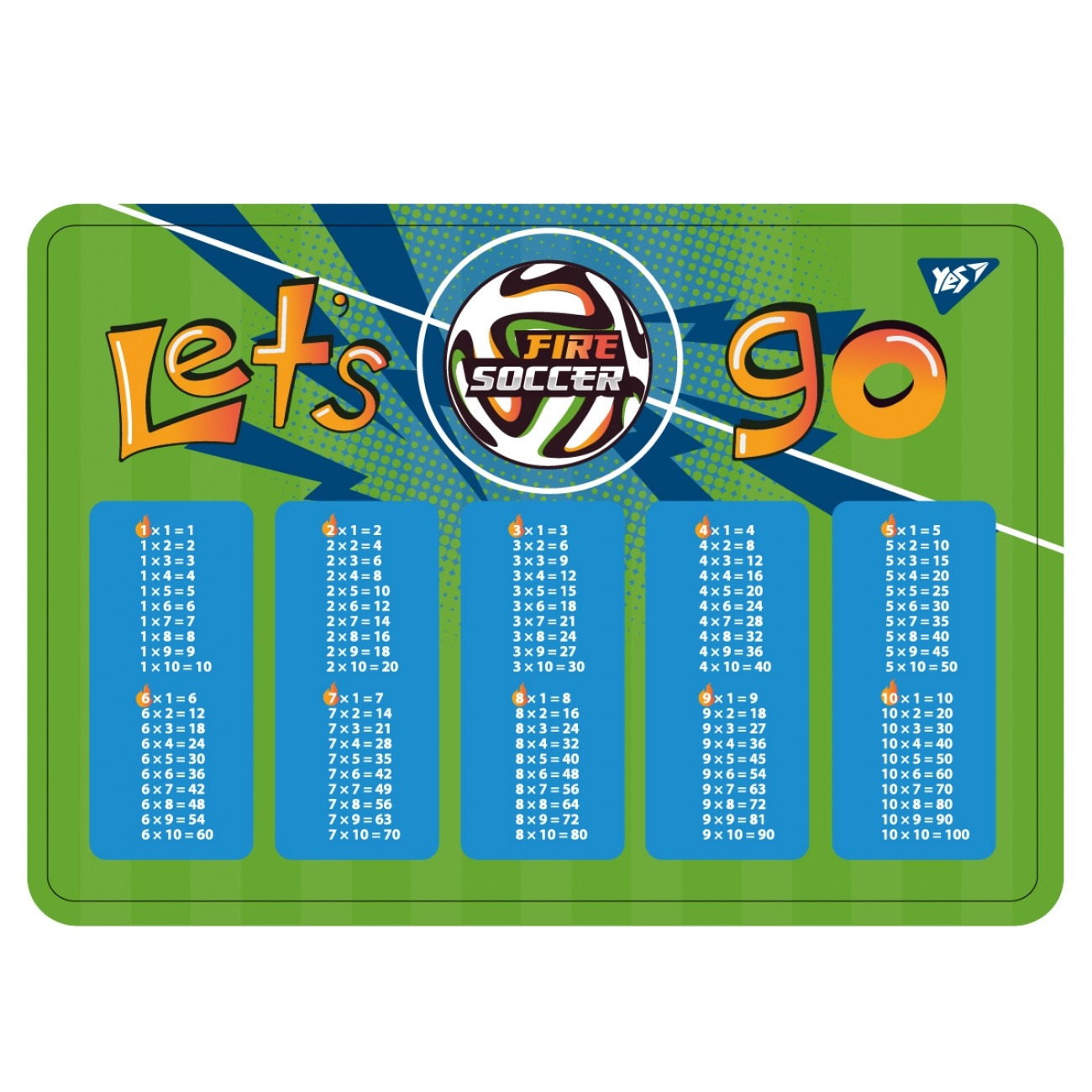 Підкладка настільна 29*42см "YES" /492250/ "Football", (таблиця множення)  (1/10/200)