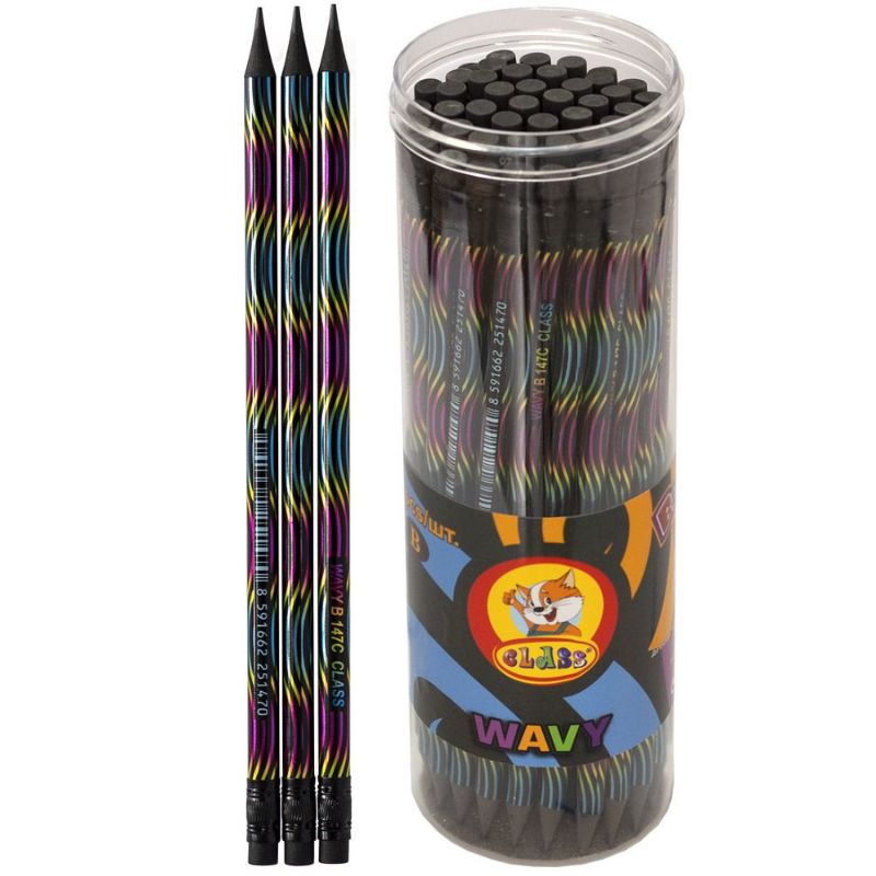 Graphite pencil "CLASS" /147C/ B, with eraser, round, Wavy, (pack of 48 in a tube) (48/288/1728)