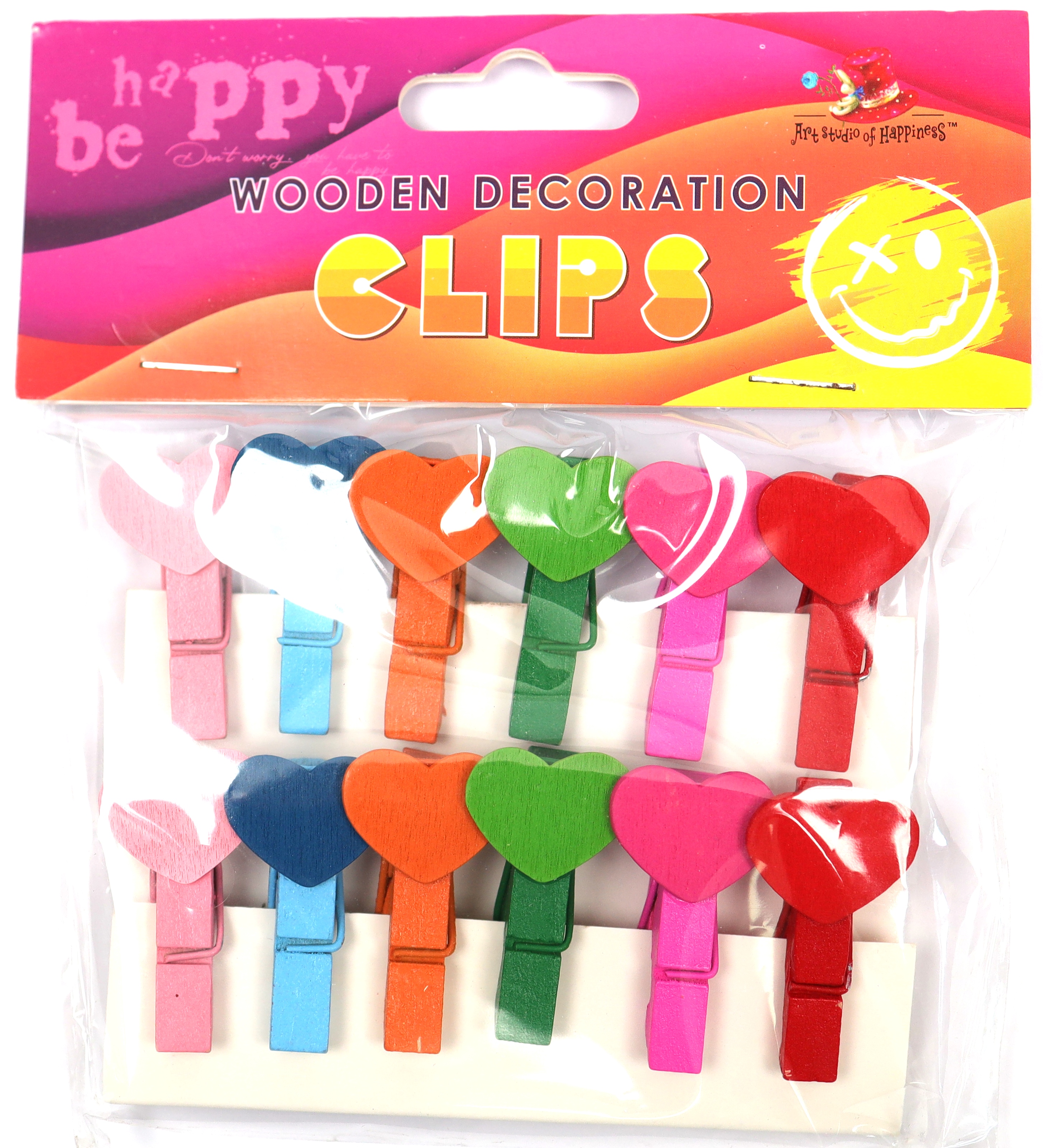 Decorative clothespins "ASH" /200132/ wooden 12 pcs. multi-colored hearts (1/144)