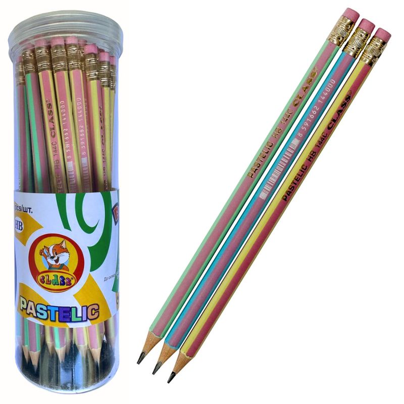 Graphite pencil "CLASS" /144C/ HB, with eraser, triangular, PASTELIC, assorted (pack of 48 in a tube) (48/288/1728)