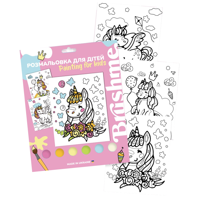 Картина на картоні з контуром "Brushme" /PK0002/ 3 сюжети 20х25см+3 пензлики+6акрил.фарби "Єдиноріг"