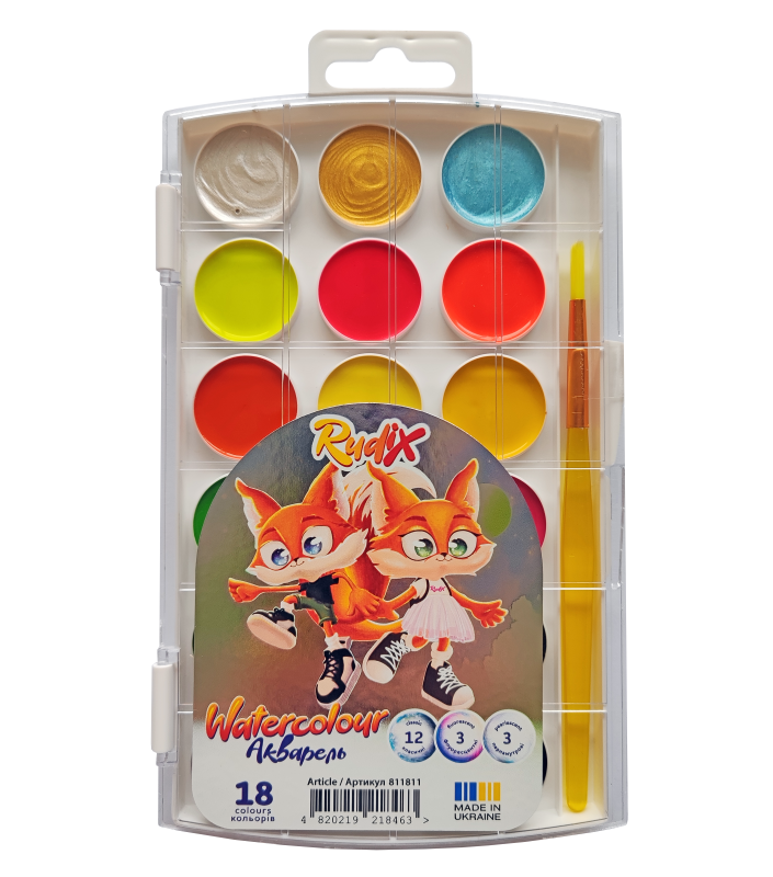 Watercolor "RUDIX" PLASTIC 12+3+3 col. /811811/ z/n colors: mother-of-pearl, fluorescent, classic. (1/12)