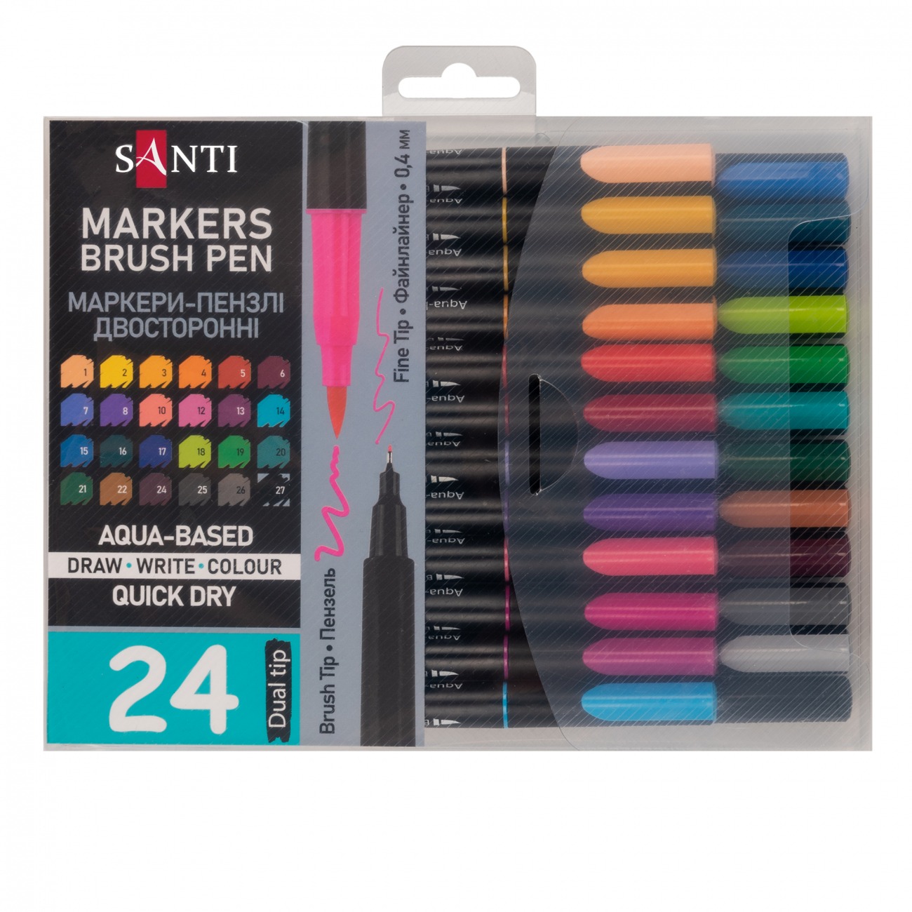 Набір маркерів 24 кол. "SANTI" /391000/ ДВОСТОРОННІ, акварельні "Brush Pen" (1/6)