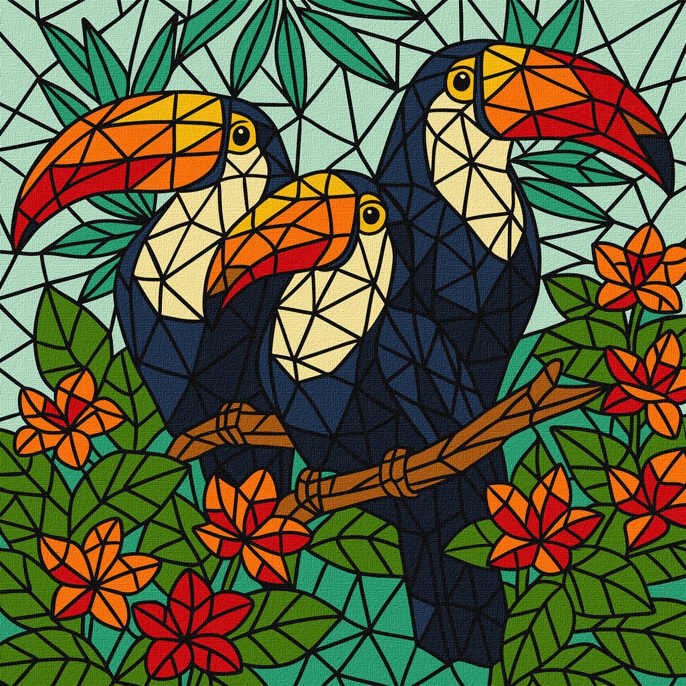 Painting by numbers "Ideyka" /KHO5169/ "Stained glass. Trio of toucans" 30*30cm
