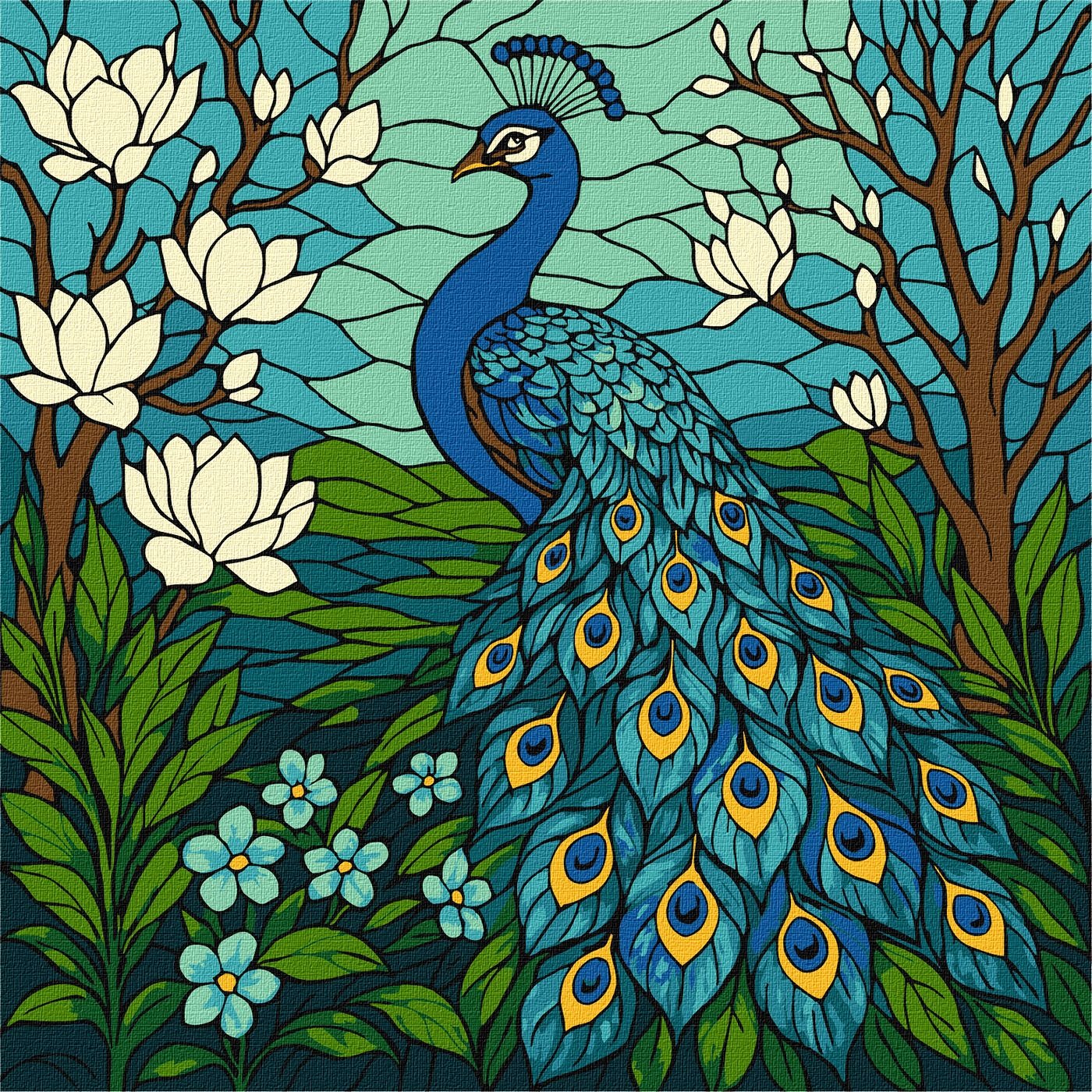 Painting by numbers "Ideyka" /KHO6810/ "Stained glass. Peacock in magnolia" 30*30cm