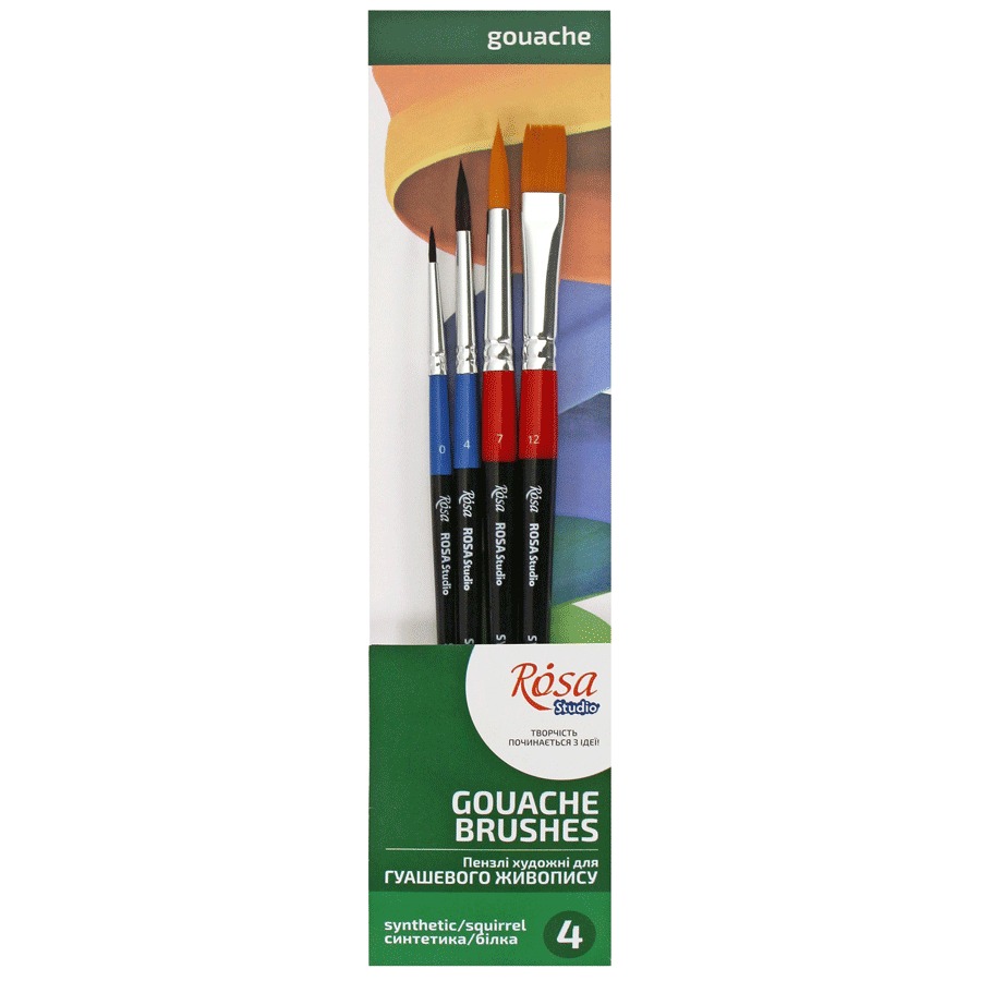 Set of brushes "ROSA Studio" for gouache, mix of 4 pcs., synthetic (#7, 12), white (#0, 4), k.r. (1/10)
