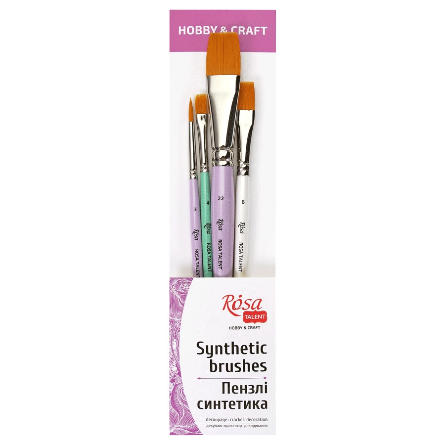 Set of brushes "ROSA TALENT" No. 5 for decoration, round and flat synthetics, 4 pcs (No. 3, 4, 8, 22) (1/10