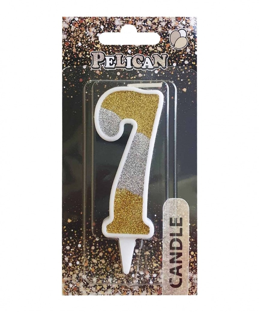 Cake candle "Pelican" /867037/ number "7" SILVER-GOLD 7cm (1/12)