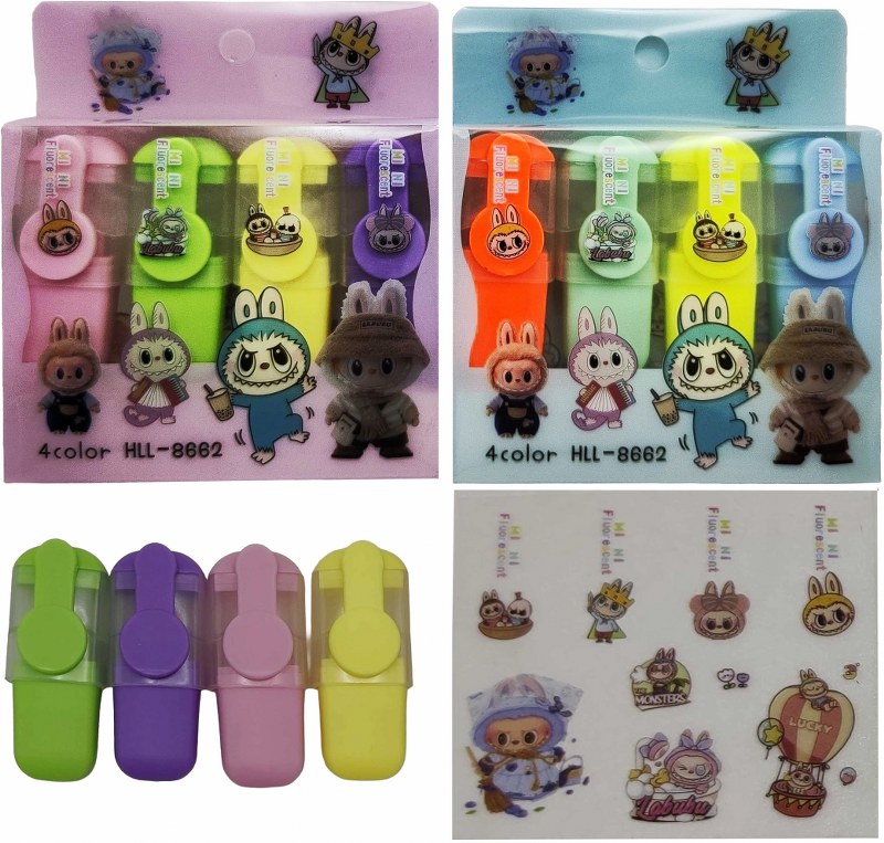 Set of text markers /8662-LA/ mini 5.5 cm "Labubu Labubu" 4 colors with sticker (24)