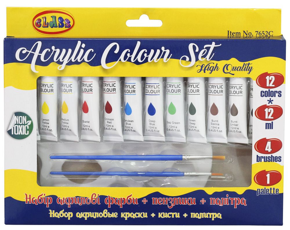 Set of acrylic paints "CLASS" /7652C/ 12 colors*12ml, alum. tuba+ palette+4 brushes (1/10/30)