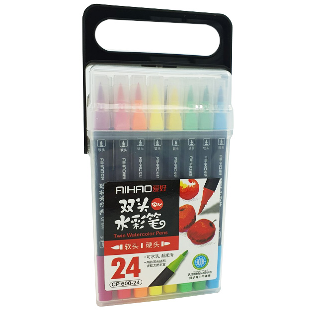 Felt-tip pens "AIHAO" 24 pcs. /AH-CP-600-24/ DOUBLE-SIDED, brush soft / hard (1/16/64)