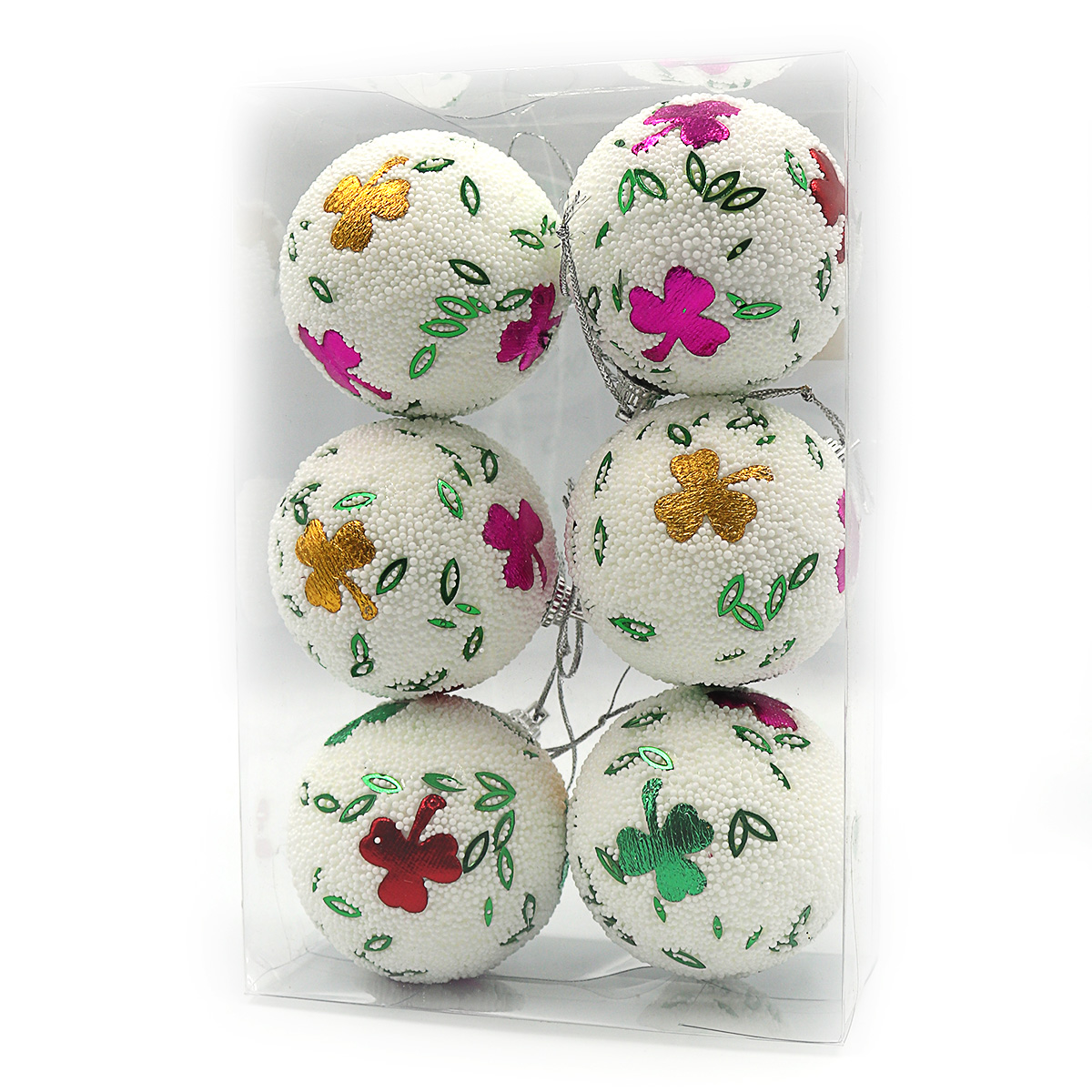 Set of Christmas balls "JO" /6527-P1-344/ "White with clover" 6pcs/5cm