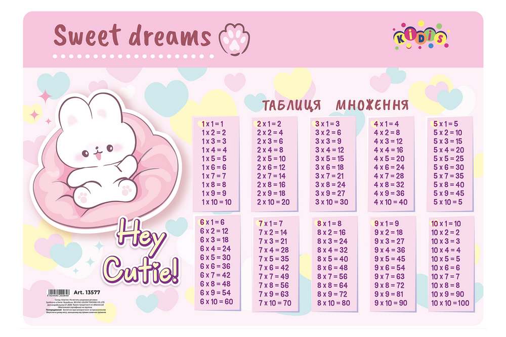 Підкладка настільна "Kidis" /13577/ 42,5см* 29см, таблиця множення Hey Cutie (1/20)