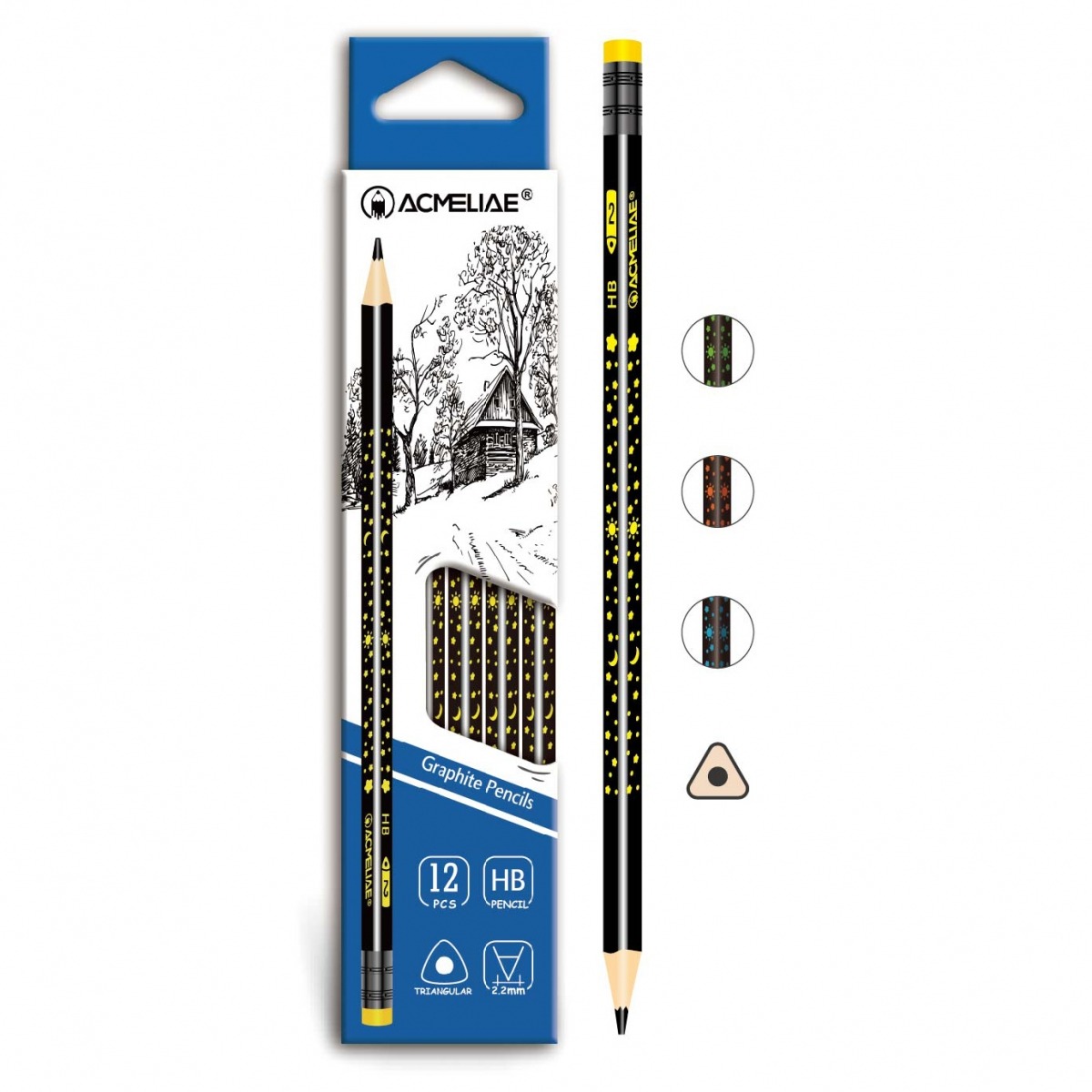 Pencil h/g "Acmeliae" /43127/ HB "Stars" with eraser, triangular body, 3mm, mix (12/144)