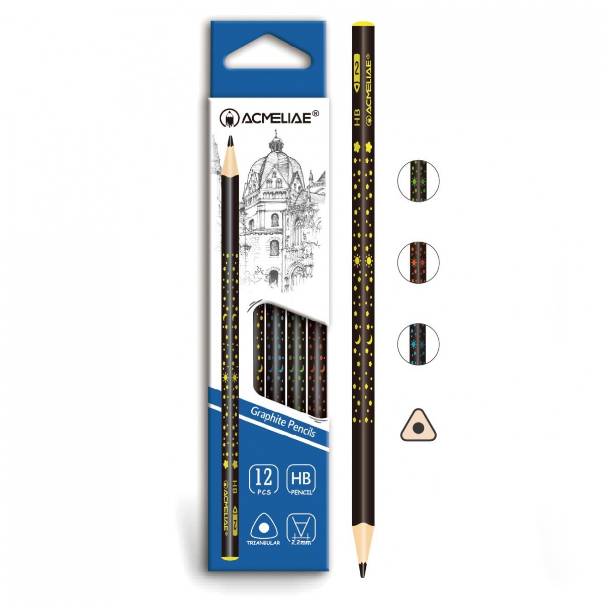 Pencil h/g "Acmeliae" /43519/ HB "Stars" triangular body, 2.2 mm, mix (12/144)