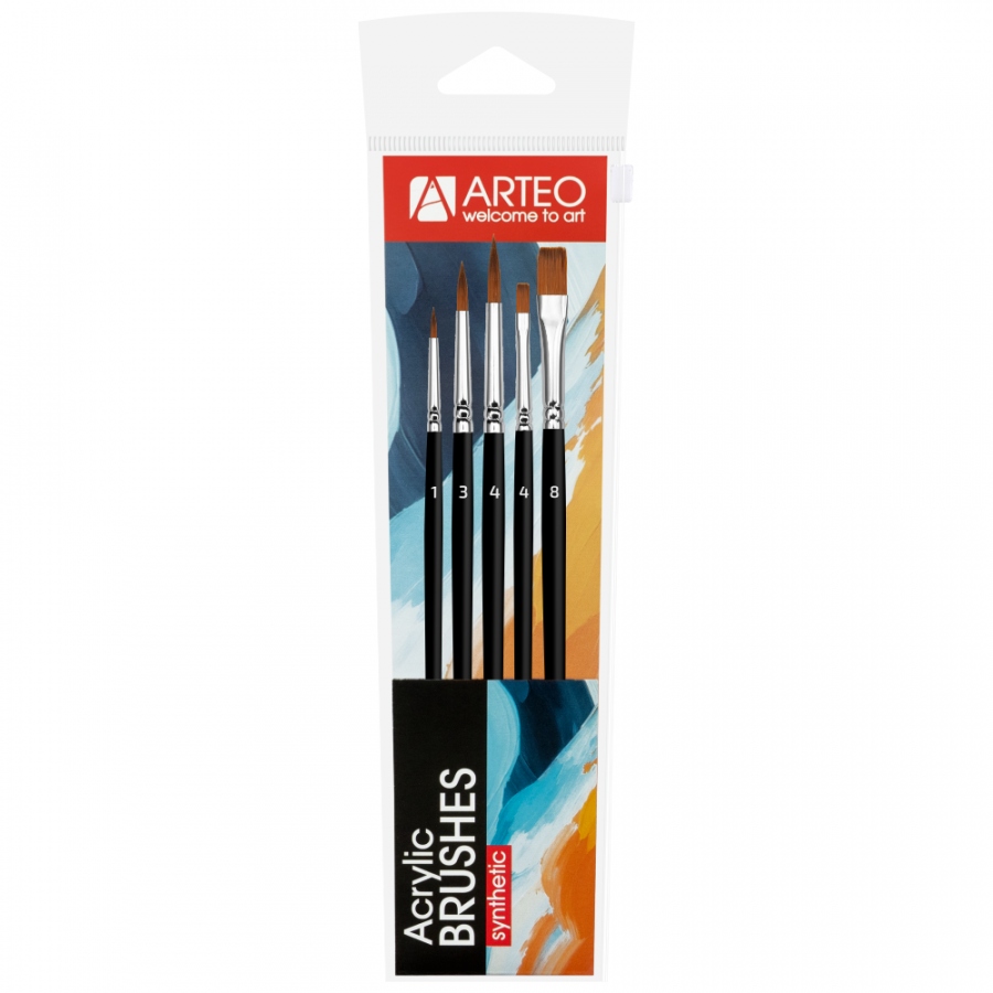 Set of brushes "Arteo" No. 4, synthetic, 5 pcs., round (No. 1, 3, 4), flat (No. 4, 8), k.r.