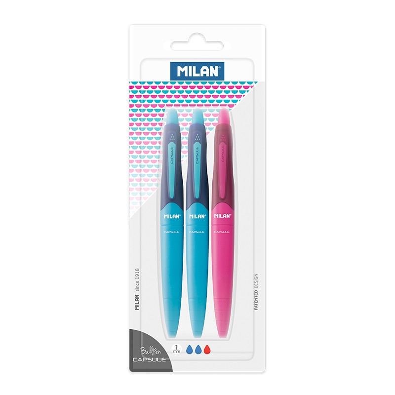 Ballpoint pen Milan /BWM10368/, Capsule, 1mm, (2 blue + 1 red), blister (1/24)