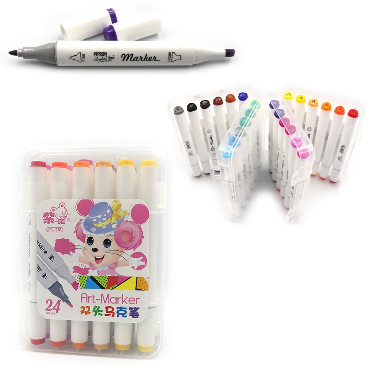 Set of sketch markers /218-24/ "Mouse" 24 pcs. round/bevel tip trick, ply body pack with stickers. (1/6/36)