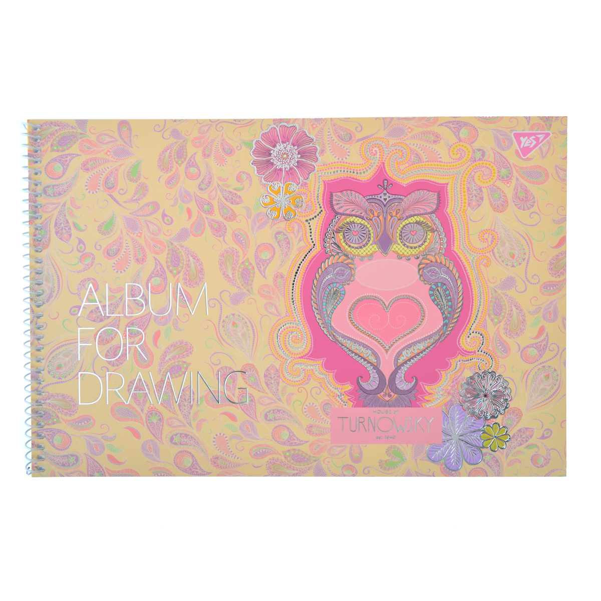 Album for drawing A4/20 sheets. "YES" /130379/ spiral mat.lam+UV selection+foil silver, Turnowsky art, 100g/m2, (3/108)