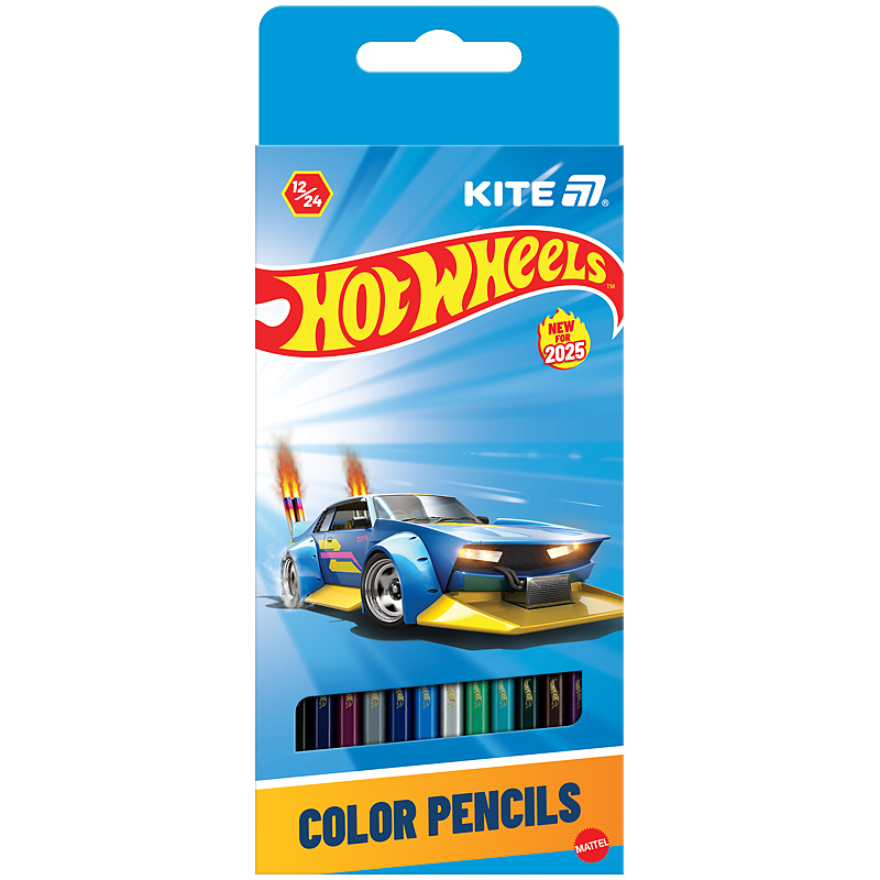 Олівці кольорові "Kite" 24 кол./12шт. /HW25-054/ ДВОСТОРОННІ, Hot Wheels (1/12)