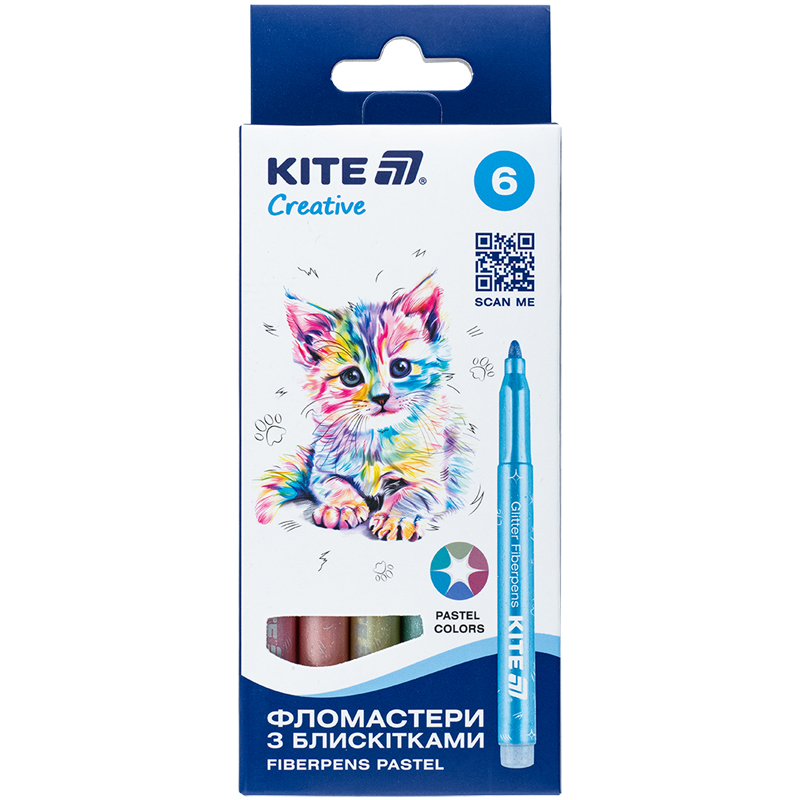 Felt-tip pens "Kite" 6 pcs. /K-1148/ with glitter, Creative pastel (1/12)