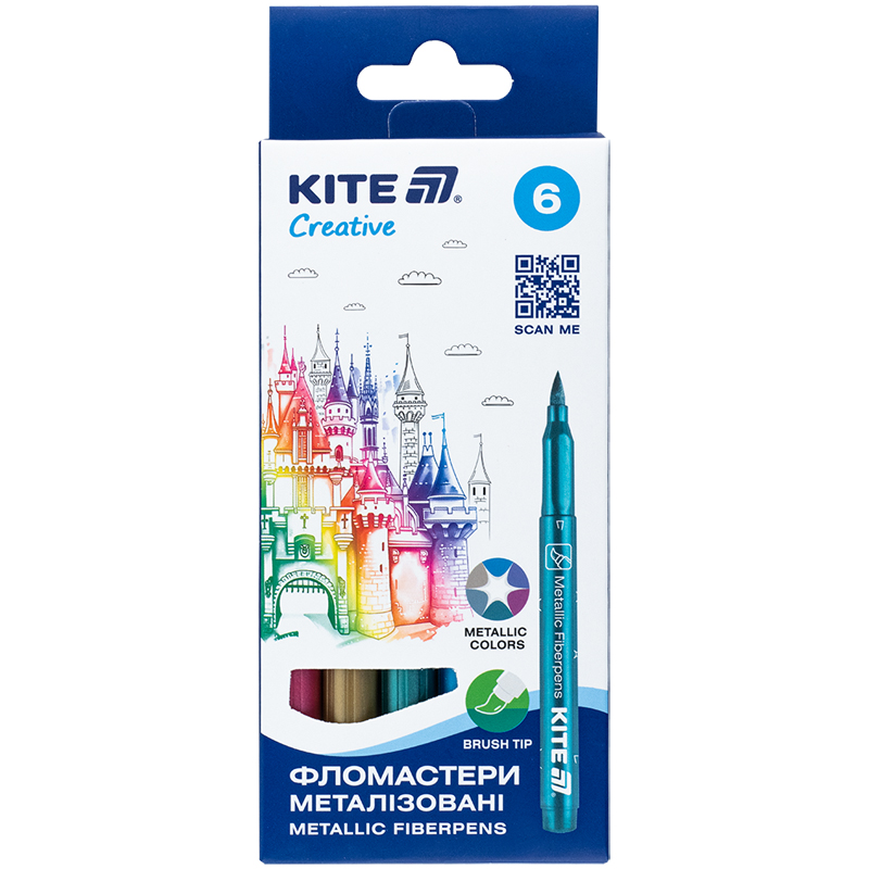 Felt-tip pens-brushes "Kite" 6 pcs. /K-1149/ Creative metallic (1/12)